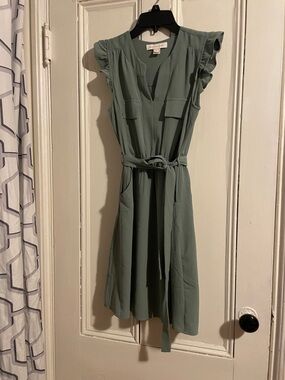 Flutter Sleeve Midi Dress with Self-Tie Waist in Sage Green